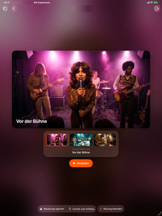 Die Fernbedienung auf dem iPad verfolgt die Sitzung von Velvet Static live mit ihren drei Videos.
