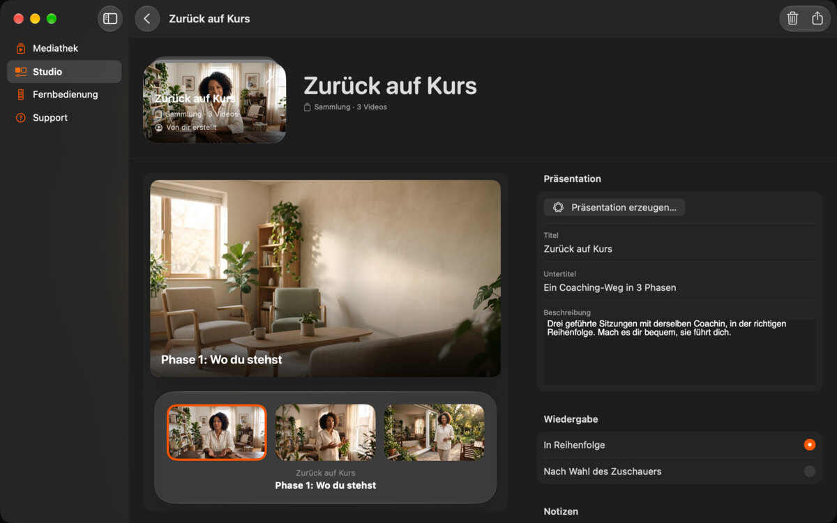 Der Sammlungseditor auf dem Mac für die Sammlung Zurück auf Kurs.