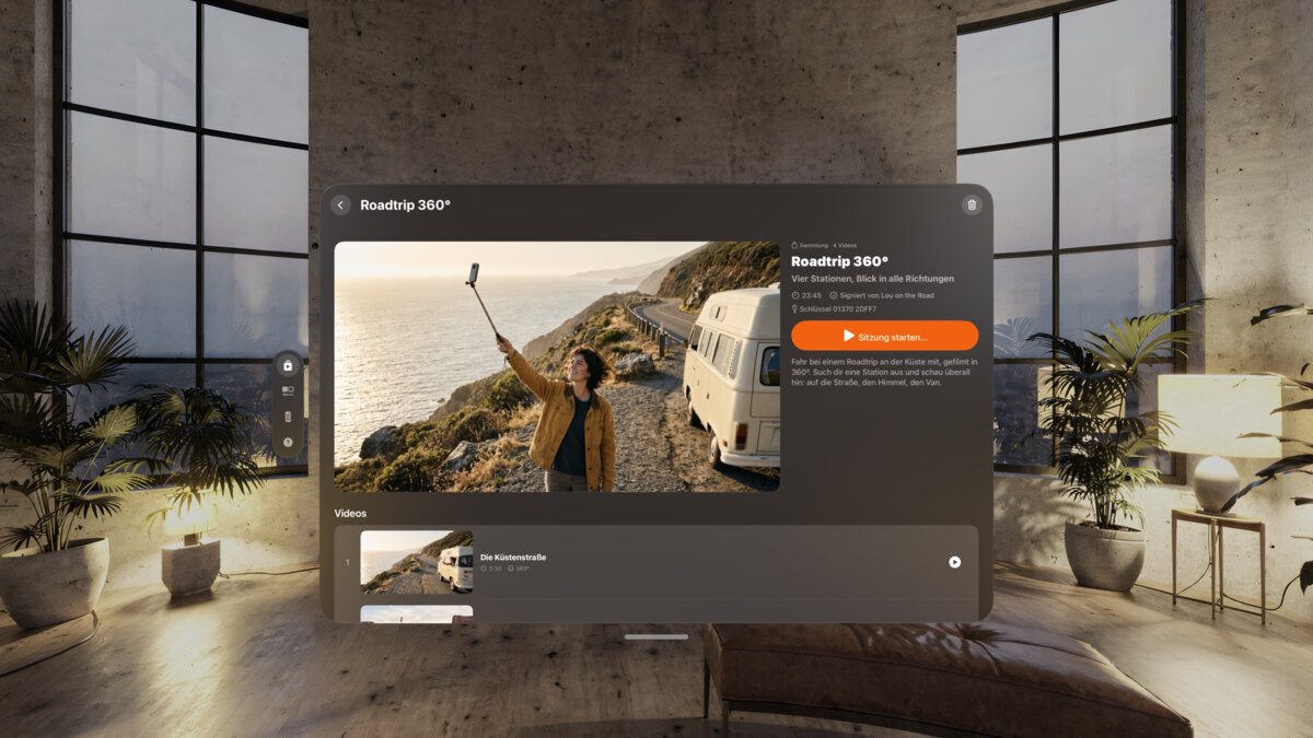 Die Seite von Roadtrip 360° auf Apple&nbsp;Vision&nbsp;Pro, mit ihrem Bild und der Liste der Stationen.
