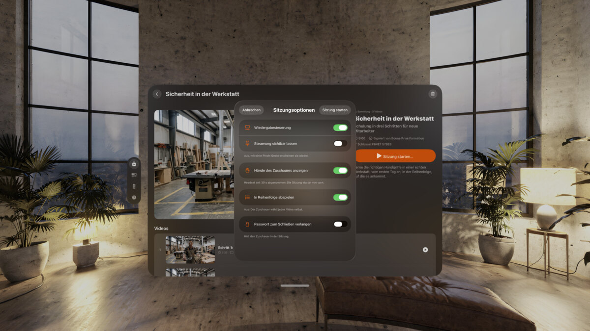 Die Sitzungsoptionen auf Apple&nbsp;Vision&nbsp;Pro, über dem Erlebnis Sicherheit in der Werkstatt, mit Schaltern für die Wiedergabesteuerung, die Hände des Zuschauers, die Reihenfolge und ein Passwort zum Beenden.