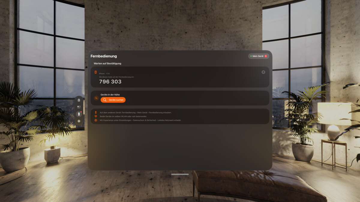Die Kopplungsanfrage mit ihrem Code auf Apple&nbsp;Vision&nbsp;Pro.