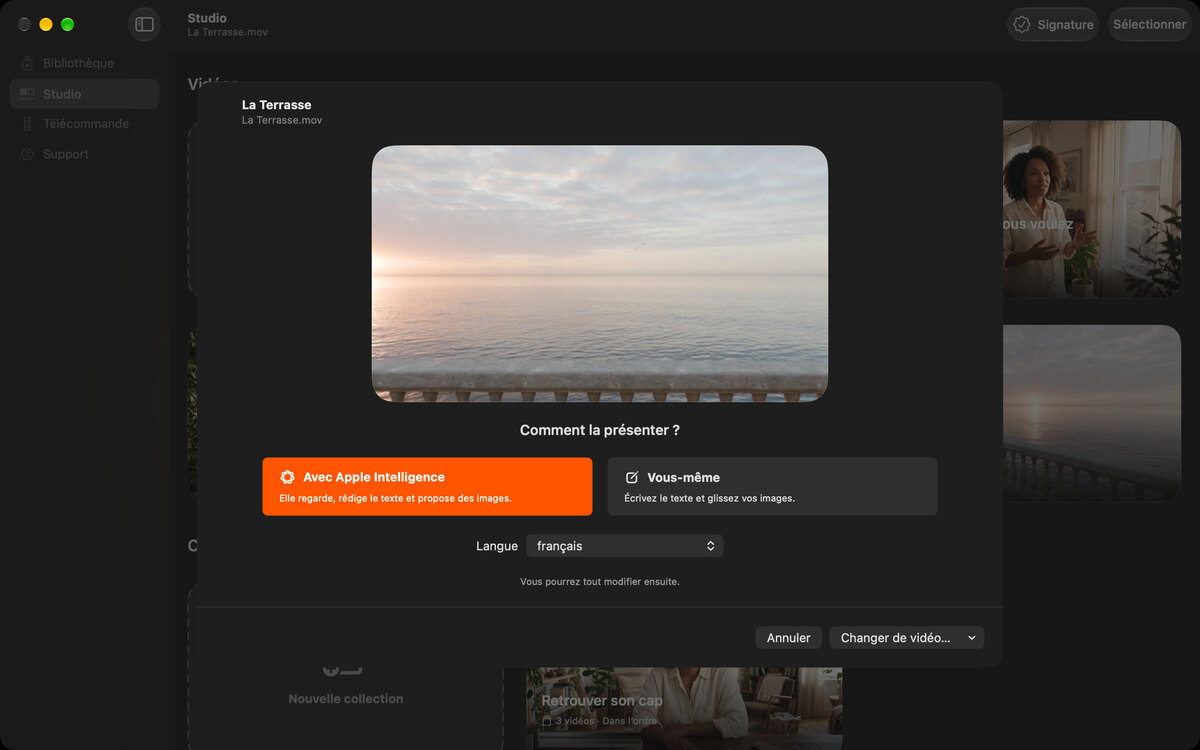 Le Studio sur Mac avec un film déposé, La Terrasse, et les deux choix : Avec Apple Intelligence ou Vous-même.