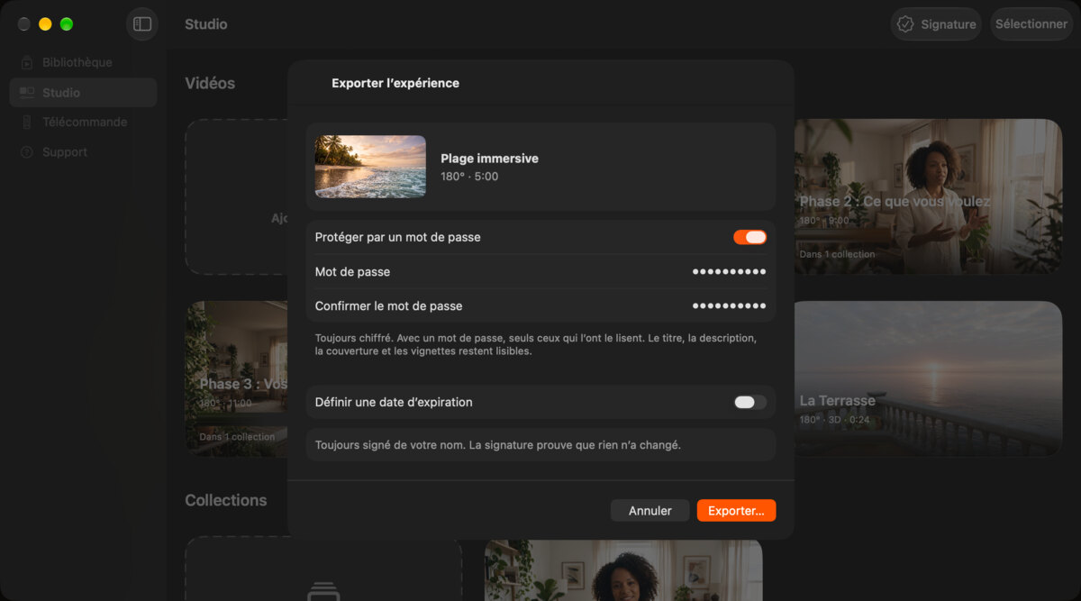 La fenêtre d’export sur Mac pour Plage immersive, avec un mot de passe et une date d’expiration à fixer.