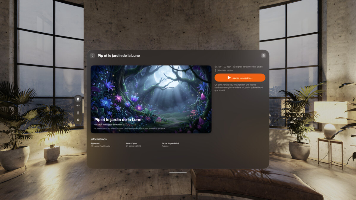 Pip et le jardin de la Lune reçu dans la Bibliothèque sur Apple Vision Pro, signé par son studio.