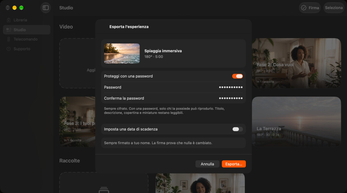 Il pannello di esportazione su Mac per Spiaggia immersiva, con una password e una data di scadenza da impostare.