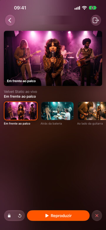 O controle remoto no iPhone, acompanhando a sessão Velvet Static ao vivo, com “Em frente ao palco” em reprodução.