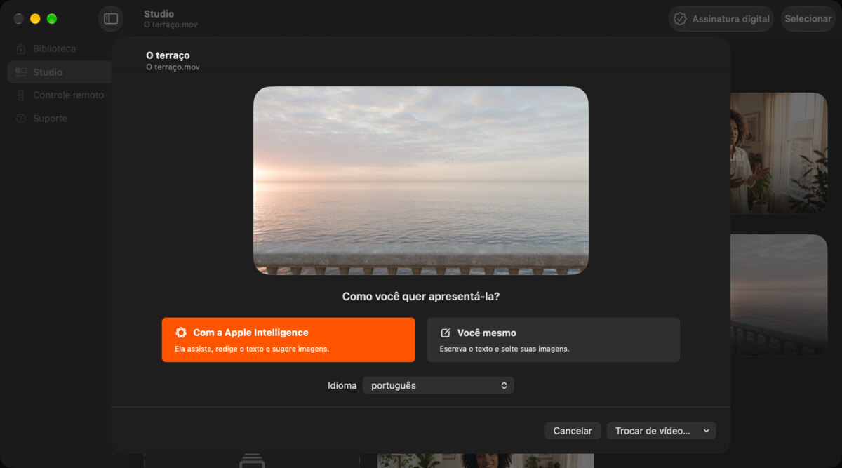 O Studio no Mac com um filme recém-adicionado, O terraço, e as duas opções: “Com a Apple Intelligence” ou “Você mesmo”.