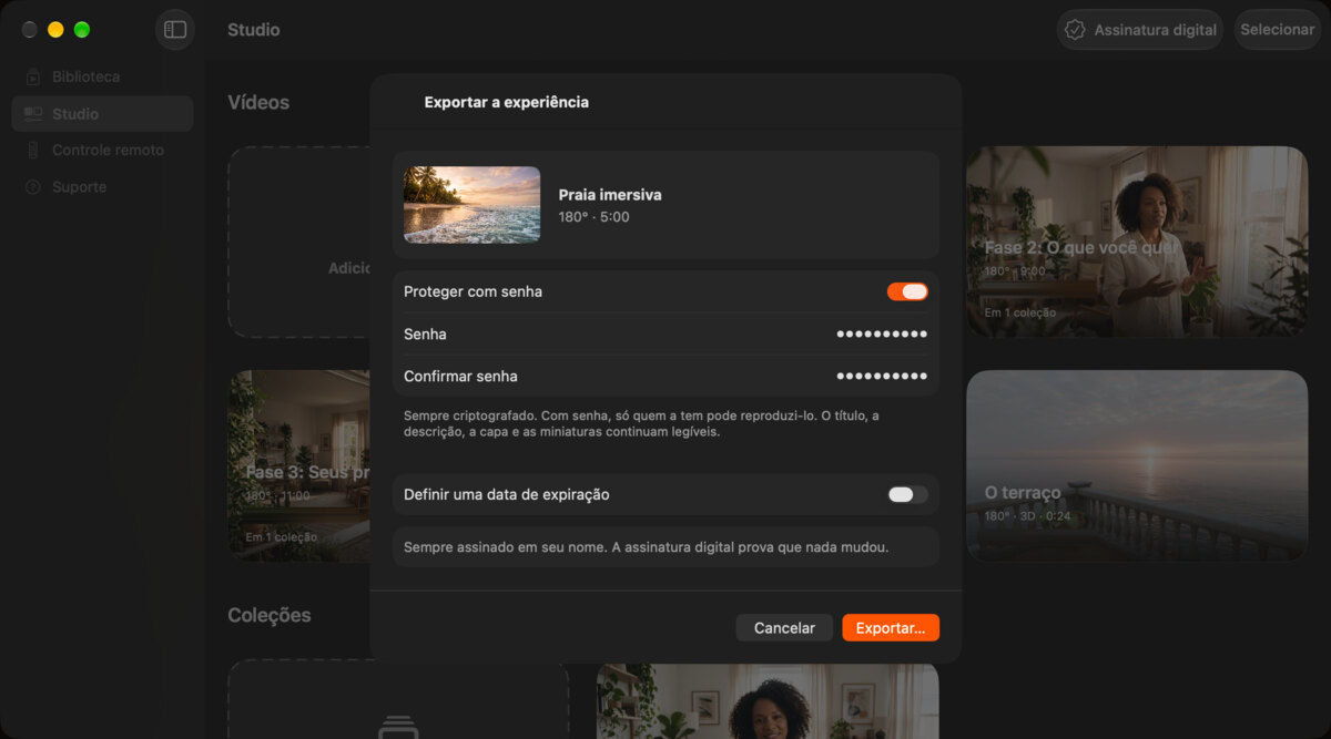 A tela de exportação no Mac para Praia imersiva, com uma senha e uma data de expiração a definir.