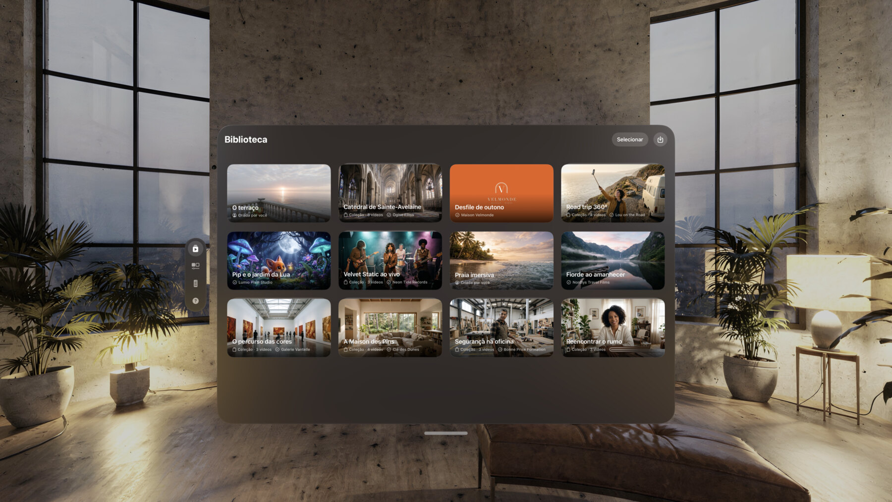 A Biblioteca no Apple Vision Pro, com as experiências de exemplo em cartões.