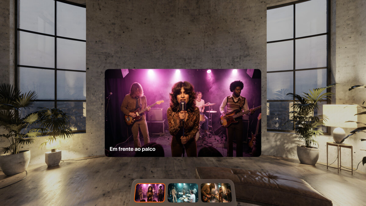 A tela inicial da sessão no Apple&nbsp;Vision&nbsp;Pro para a experiência Velvet Static ao vivo, com os vídeos para escolher.