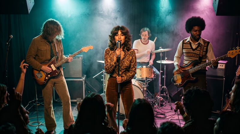 Velvet Static, Live: the band on stage under magenta and teal lights, with the crowd in front.
