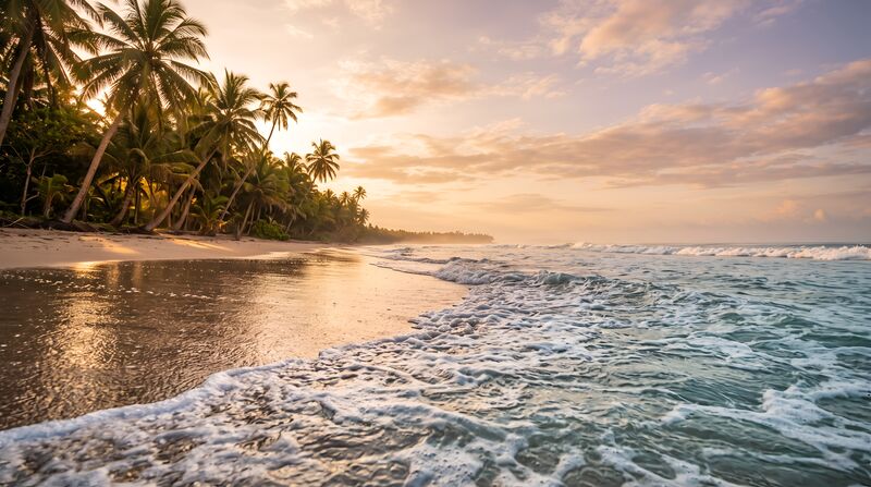 Immersive Beach: waves running up a sandy beach at sunset, palm trees on the left.