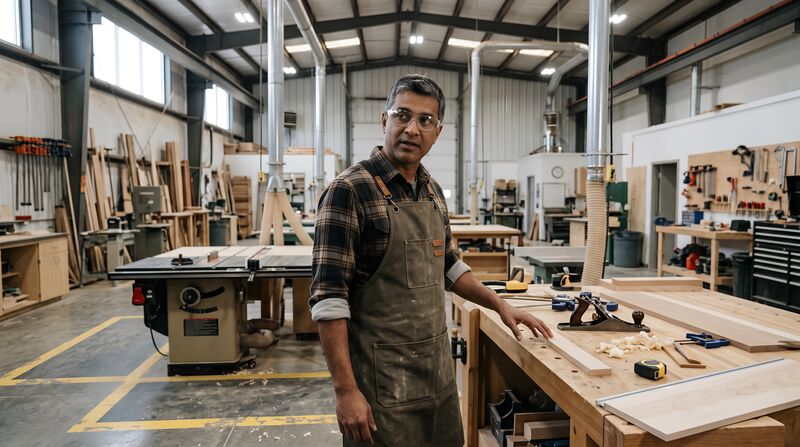Workshop Safety: a woodworker in a workshop, holding out safety glasses and gloves.