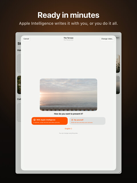 Ready in minutes: the Studio on iPad, with the choice to present a film with Apple Intelligence or by yourself.