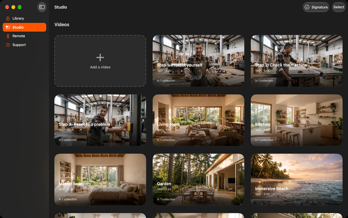Lo Studio su Mac, con un video per stanza: soggiorno, cucina, camera padronale e giardino.