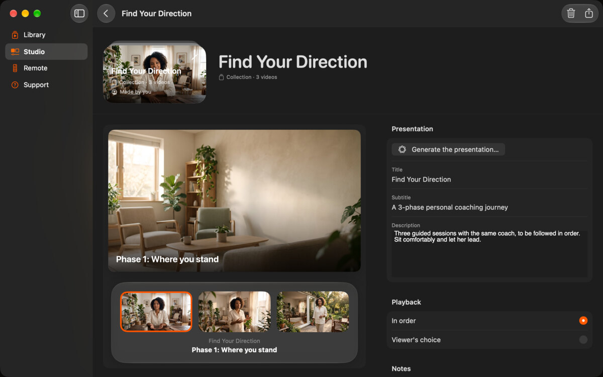The collection editor on Mac for the collection Find Your Direction, with its three videos and its playback choices.