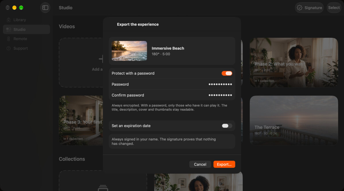 The export sheet in the Studio on Mac for the experience Immersive Beach, with a password and an option to set an expiration date.