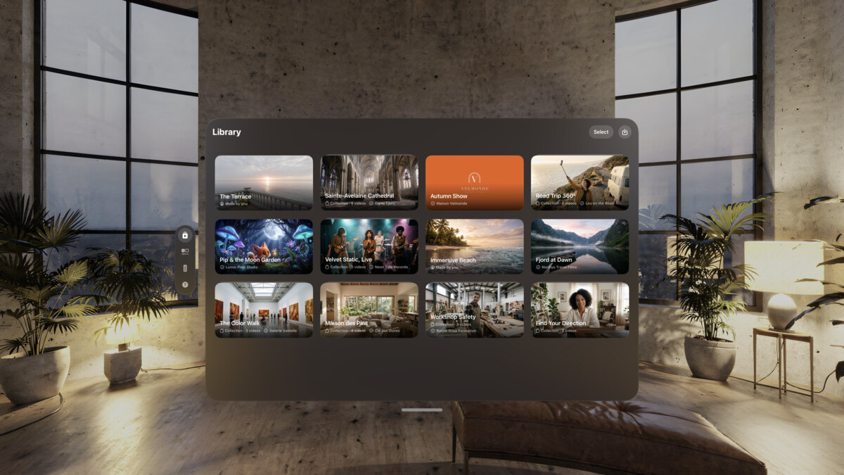 The Library on Apple&nbsp;Vision&nbsp;Pro, with the twelve example experiences as cards.