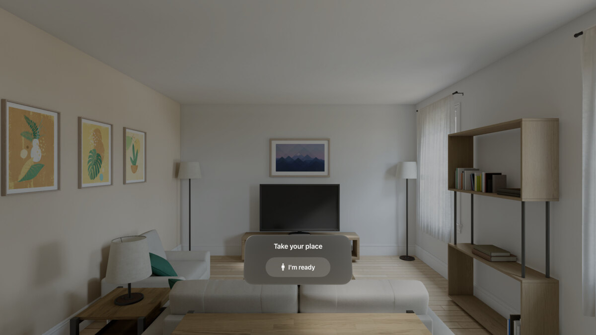 The “Take your place” panel on Apple&nbsp;Vision&nbsp;Pro, with its “I’m ready” button, in a living room.
