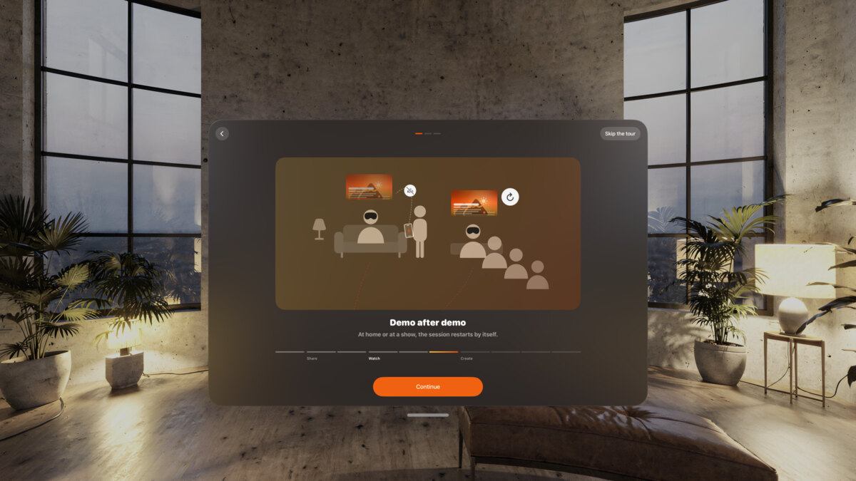 The onboarding on Apple&nbsp;Vision&nbsp;Pro: “Demo after demo”, with a Continue button.
