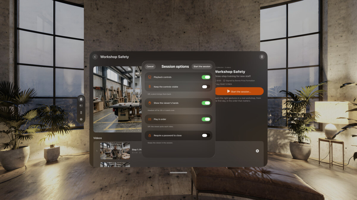 The session options on Apple&nbsp;Vision&nbsp;Pro, over the experience Workshop Safety, with switches for the player controls, the viewer’s hands, the play order and a password to close.