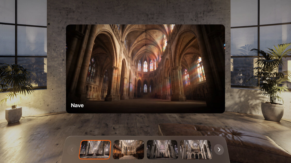 The Sainte-Avelaine Cathedral session on Apple&nbsp;Vision&nbsp;Pro: the nave is selected, the other viewpoints wait below.