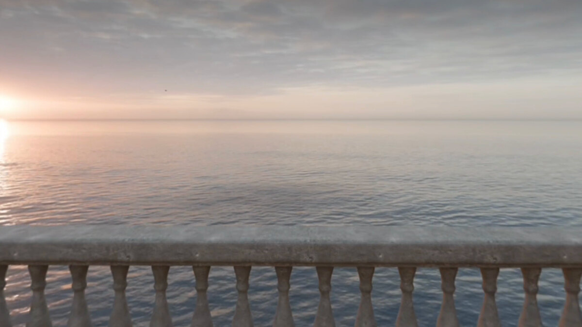 The Terrace playing on Apple&nbsp;Vision&nbsp;Pro: the sea at sunset, seen from the balustrade.